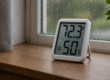 a basic digital hygrometer showing the relative humidity and temperature inside a home
