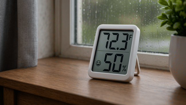 a basic digital hygrometer showing the relative humidity and temperature inside a home