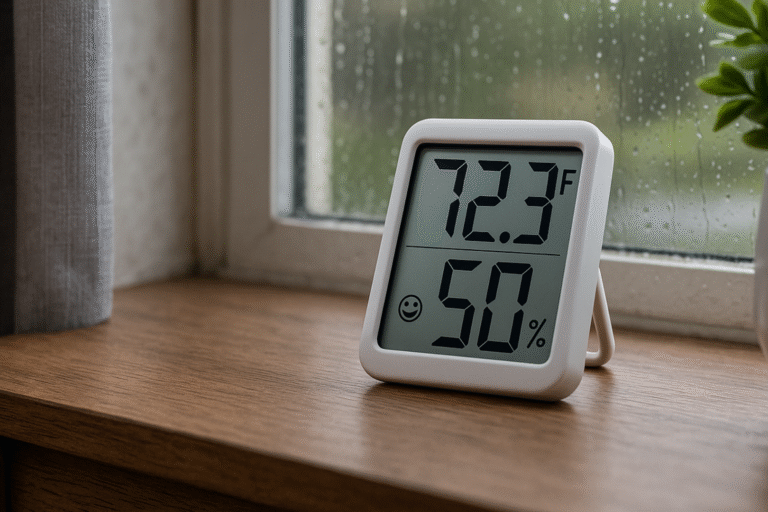 a basic digital hygrometer showing the relative humidity and temperature inside a home
