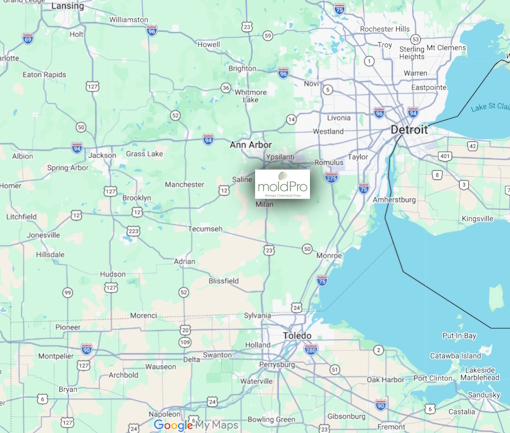 Map of the MoldPro service area across Southeast Michigan and Northwest Ohio